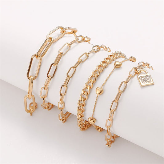 Heart Chain Bracelet With Butterfly Lock Charm Plated Geometric Design European Jewelry Artificial Gems Sparkling