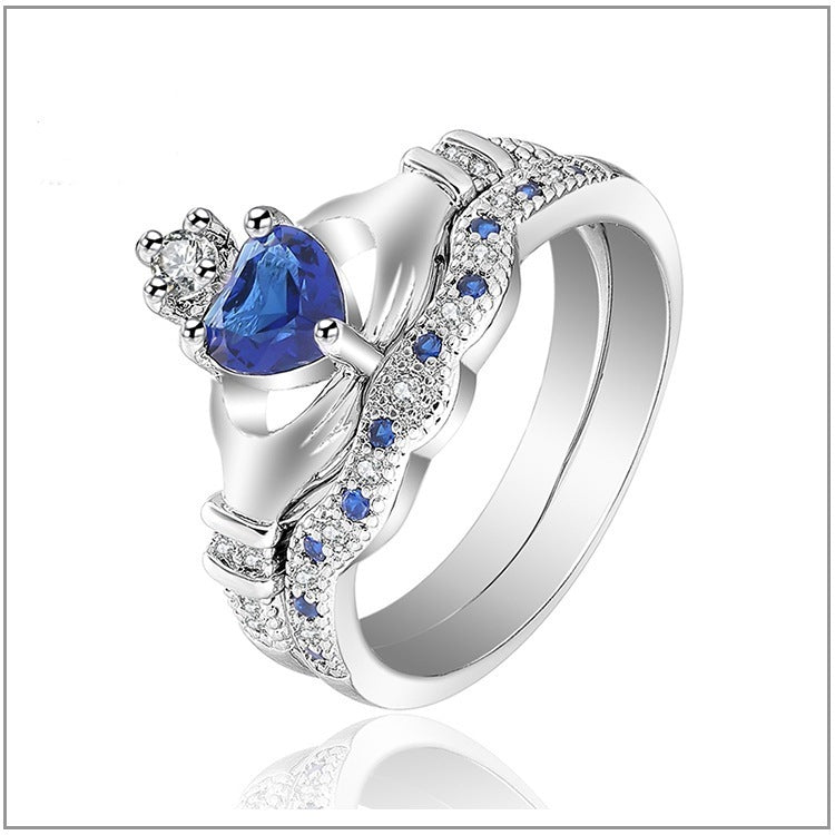 Womens Blue Zircon Heart Ring Set Platinum Plated Copper Alloy Jewelry For Engagement And Anniversary For Hers