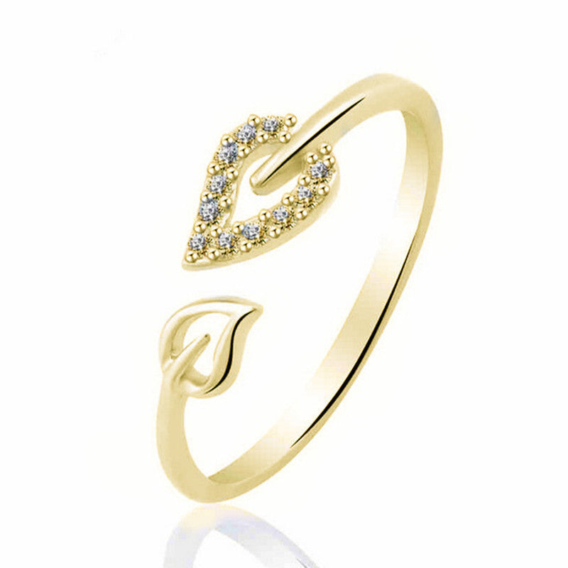 Golden Leaf Rhinestone Ring Adjustable Alloy Electroplated Fashion Jewelry For Women And Girls Elegant Color Gold Silver