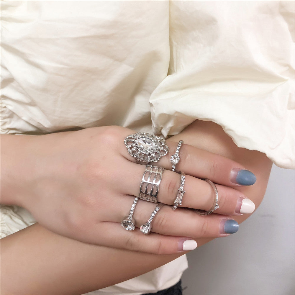 Womens Fashion Rings 7 Pieces Geometric Alloy Electroplated Rings With Artificial Gems European American Match