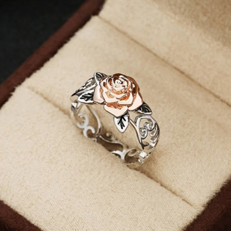 Womens Flowering Ring Silver And Rose Gold Electroplated Alloy Floral Ring With Gold Plated Gem Inlay European