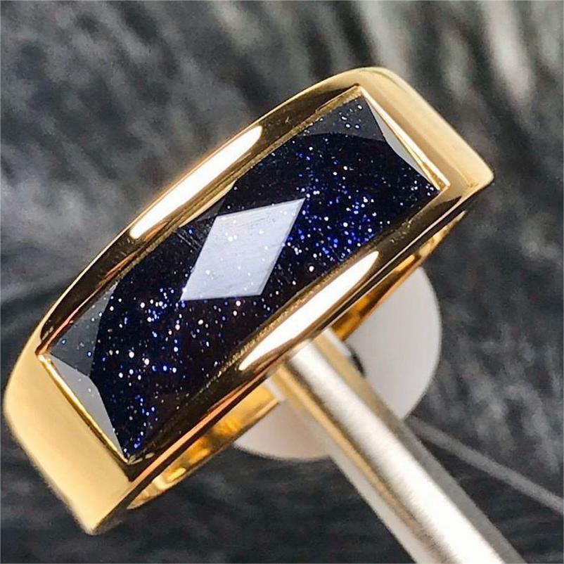 Three Color Semi Precious Stone Ring Stainless Steel Leaf Geometry Water Ripple Blue Sand Gold Size 6 7 8 9 10