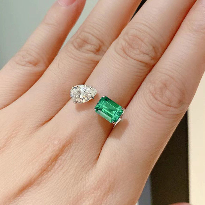 Adjustable Copper Princess Ring Inlaid Zircon Geometric Emerald Tourmaline Inspired Jewelry For Women Trendy Look