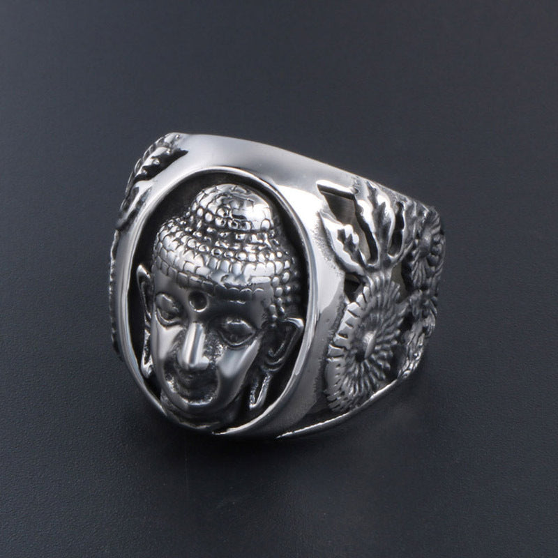 Mens Vintage Buddha Ring Titanium Steel Polished Crown Design Ring Fashion Jewelry For Men Gift Elegant Accessory