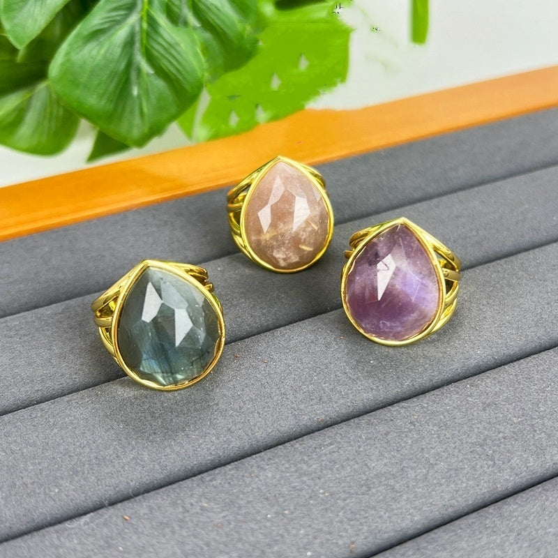 Amethyst Ring Drop Shaped Geometric Design Electroplated Unisex Bohemian Fashion Jewelry For Everyday Wear Collection