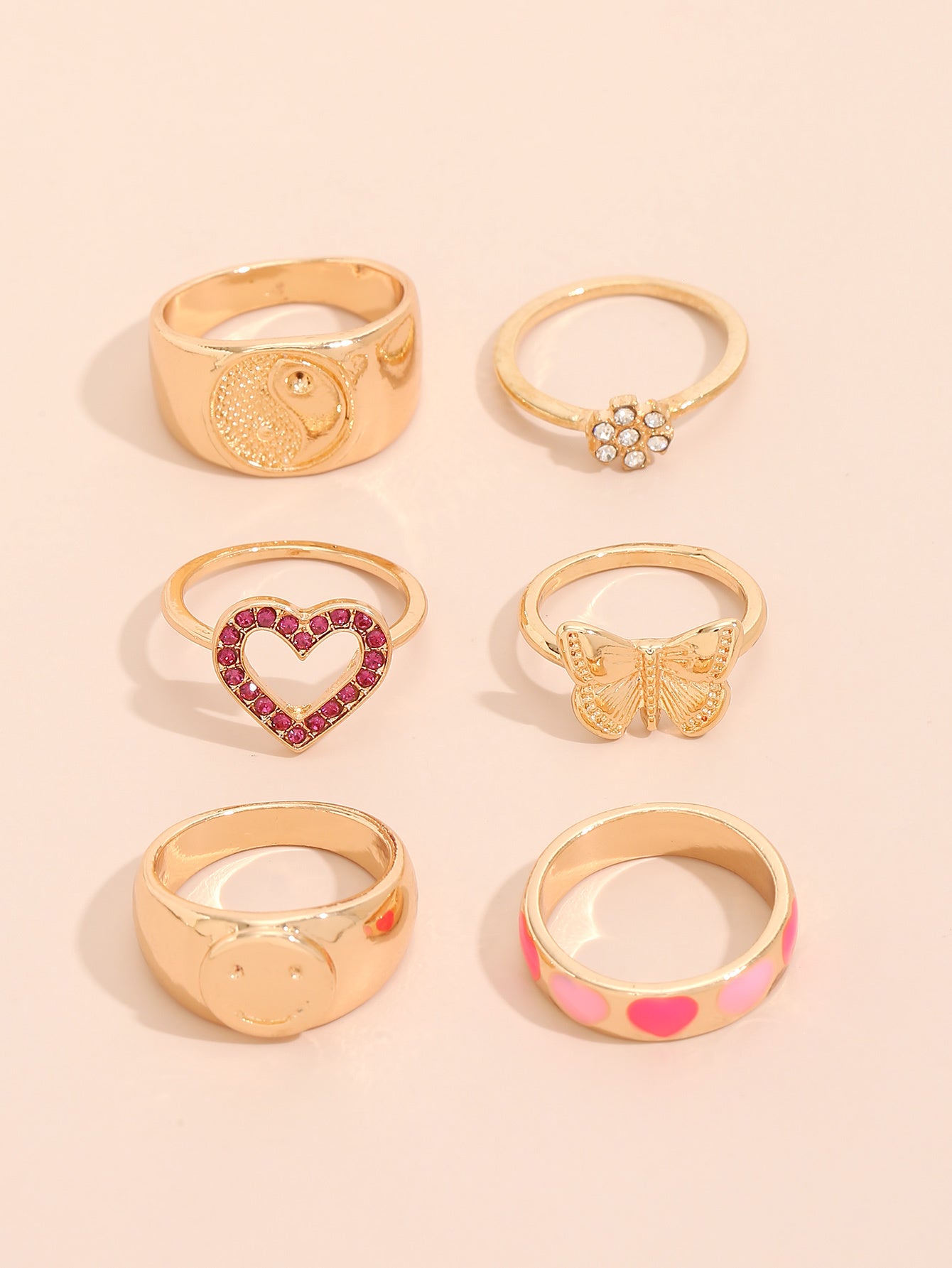 Trendy Butterfly Smiley Ring Set Geometric Rings Korean Style Zinc Alloy Jewelry For Holiday Gift Fashion Accessories