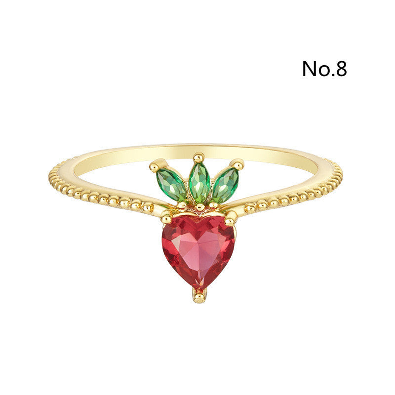 Tropical Fruit Ring Copper Zircon Fruit Shape Jewelry Womens No7 Holiday Gift Gold Plated Inlay For Daily Wear