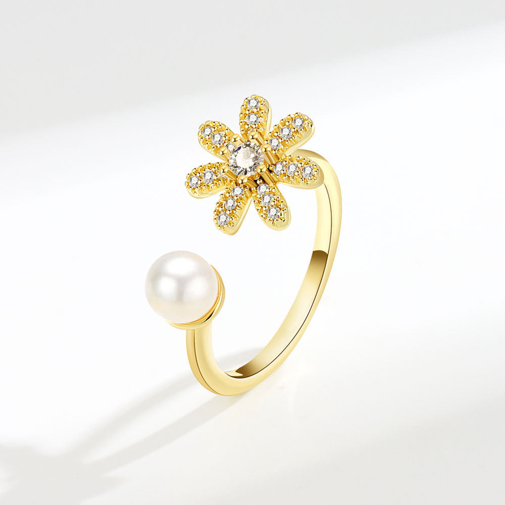 Womens Adjustable Rings With Zircon Pearl Flower Copper Electroplated Yellow Golds Gems And Adjustable Opening