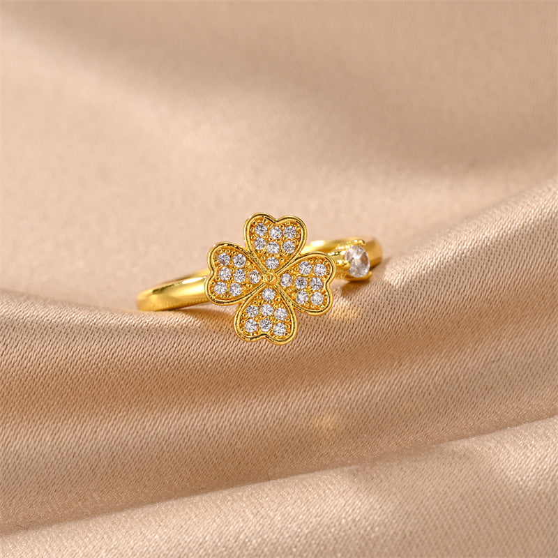 Rotating Clover Ring for Women Four Leaf Gold Silver Tone
