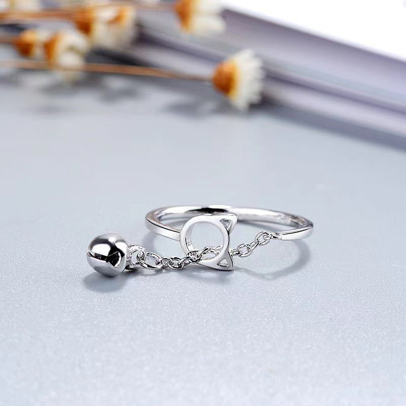 Unisex Adjustable Cat Ring Electroplated Animal Zodiac Ring Tassel Bell Charm Inner Diameter 17mm Opening Size