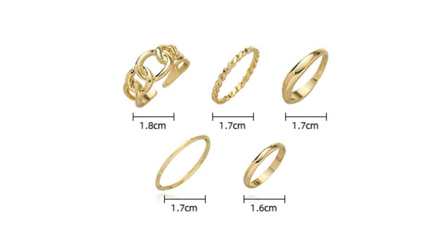 Womens Five Piece Ring Set Hollow Chain Geometric Copper Rings Korean Fashion Jewelry Stackable Statement Ring