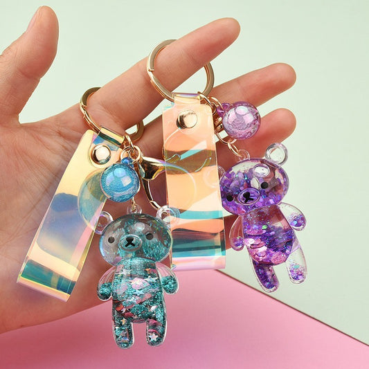 Oil Filled Bear Keychain Cute Animal Keyring Acrylic Bag Charm for Backpacks Purses Colorful Pendant Accessory