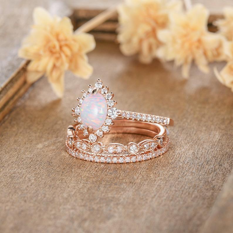 Rose Gold Three Piece Ring Set Opal Zircon Lace Inlaid Jewelry For Engagement Wedding Anniversary Gift Elegant Now