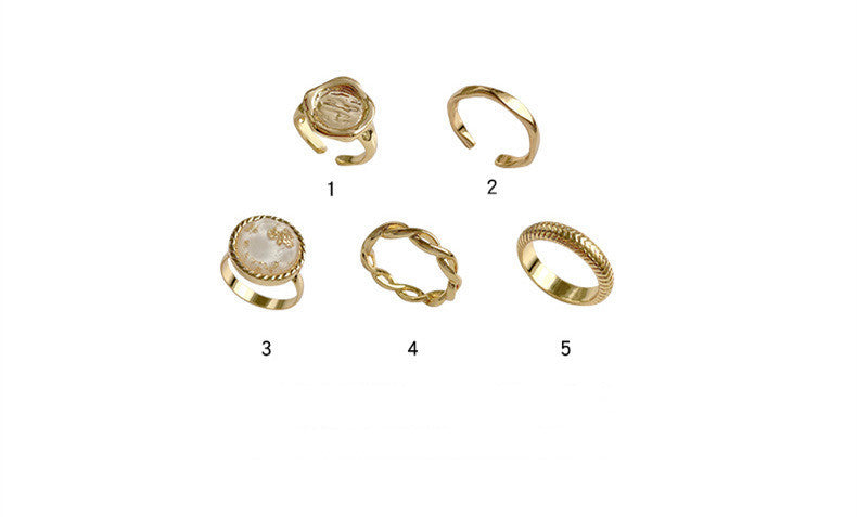 Women Five Pieces Gold Tone Ring Set Geometric Alloy Electroplated Adjustable Durable Versatile Fashion Jewelry Gift