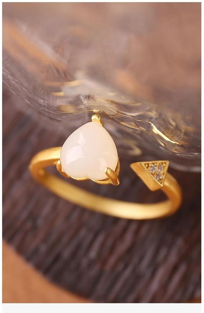 Women's Heart Ring Adjustable Opening Copper Electroplated Ring with Jade Stone Minimalist Design Open Ring for Her Animal Zodiac Ring National Fashion