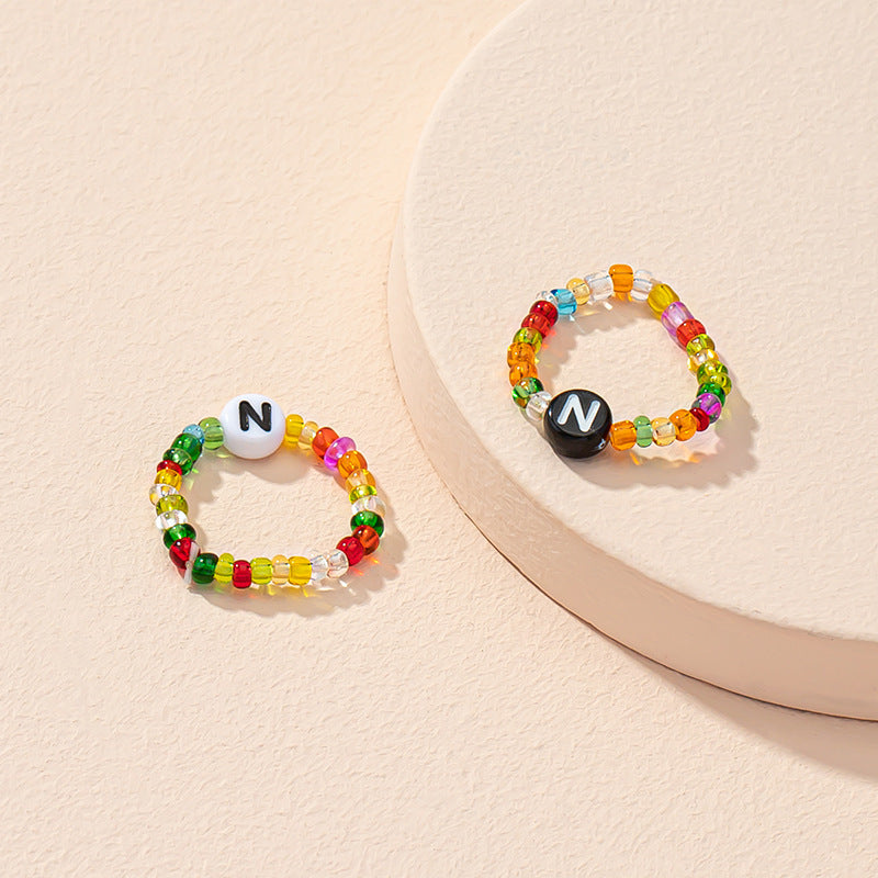Beaded Letter Initial Ring For Ladies And Men Resin Alphabet Trendy Korean Geometric Ethnic Retro Jewelry Gift