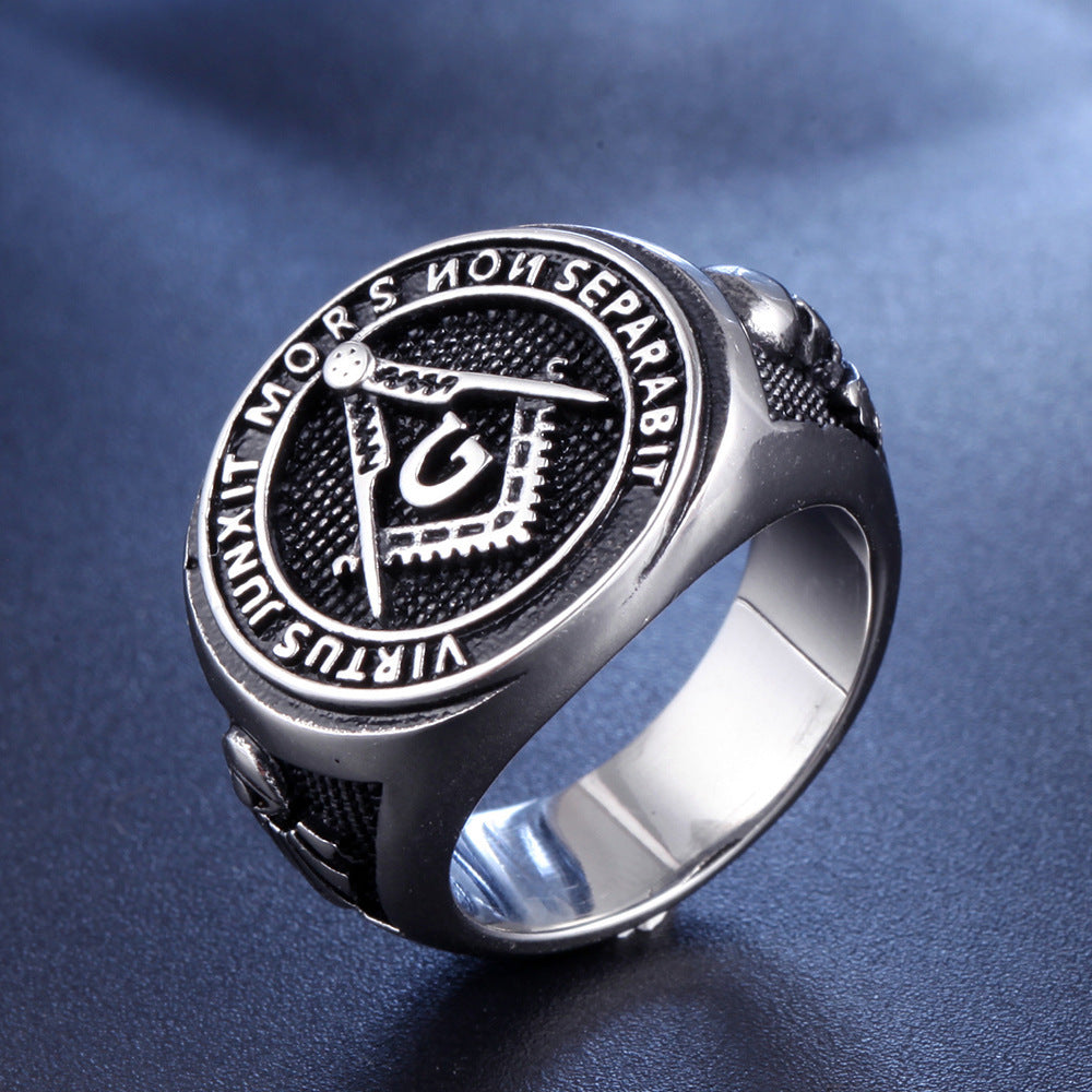 Men's Religious Masonic Ring Stainless Steel Band Geometric Freemason Ring Steel and Gold Finish Metal Ring for Men Fashion Jewelry Size 7 8 9 10 11 12 13