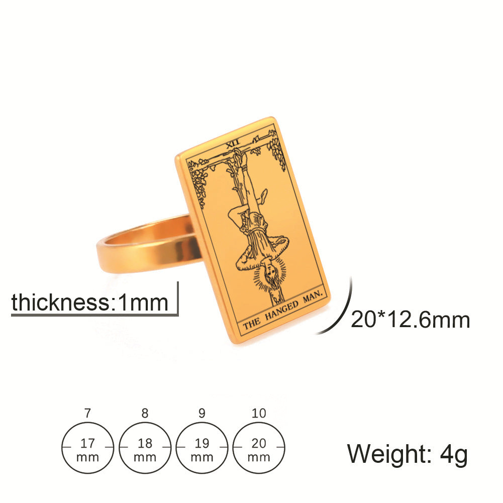 Unisex Tarot Card Ring Stainless Steel European American Patterned Jewelry Travel Souvenir Gift Accessory Men Women