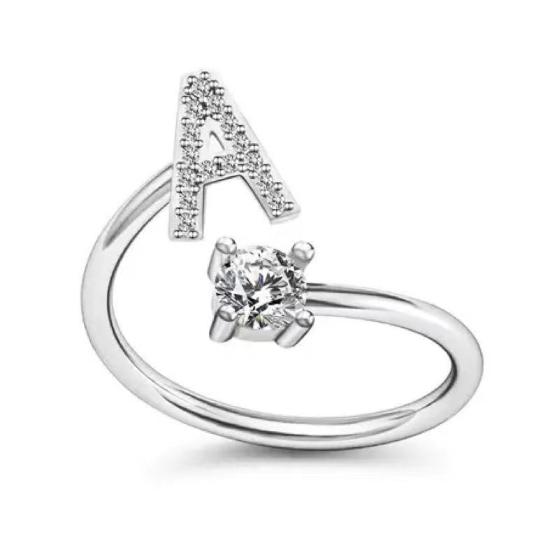 Women's Initial Alphabet Zircon Ring Open Mouth Adjustable Design A to Z Letter Jewelry Gift for Her Gifts for Her