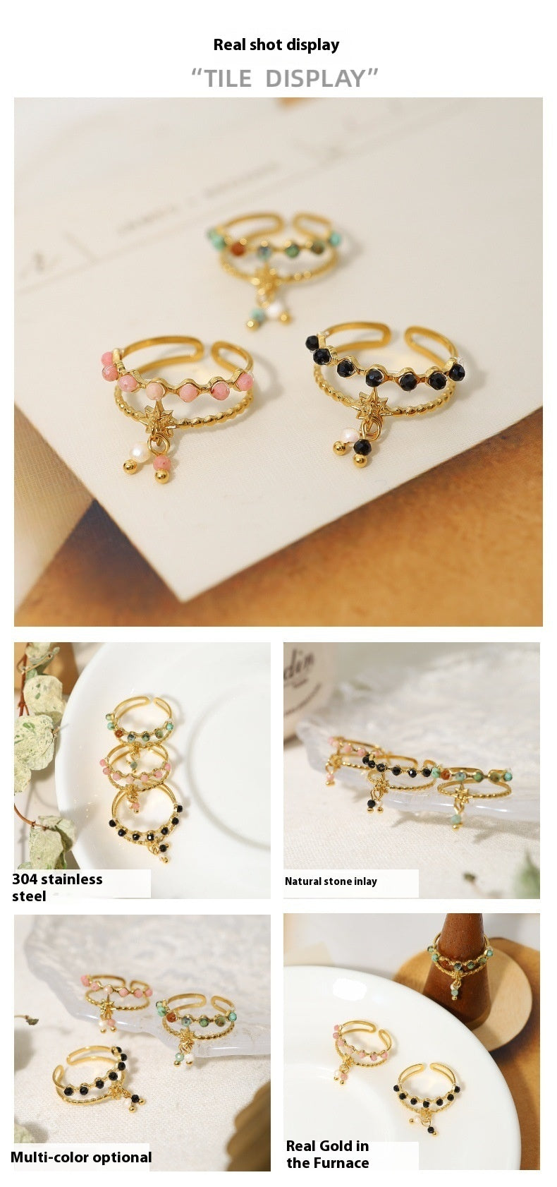 Womens Open Ring with Natural Stone and Tassel Pendant 18K Gold Plated Geometric Titanium Steel Finger Ring Girlish Vacation Jewelry for Women