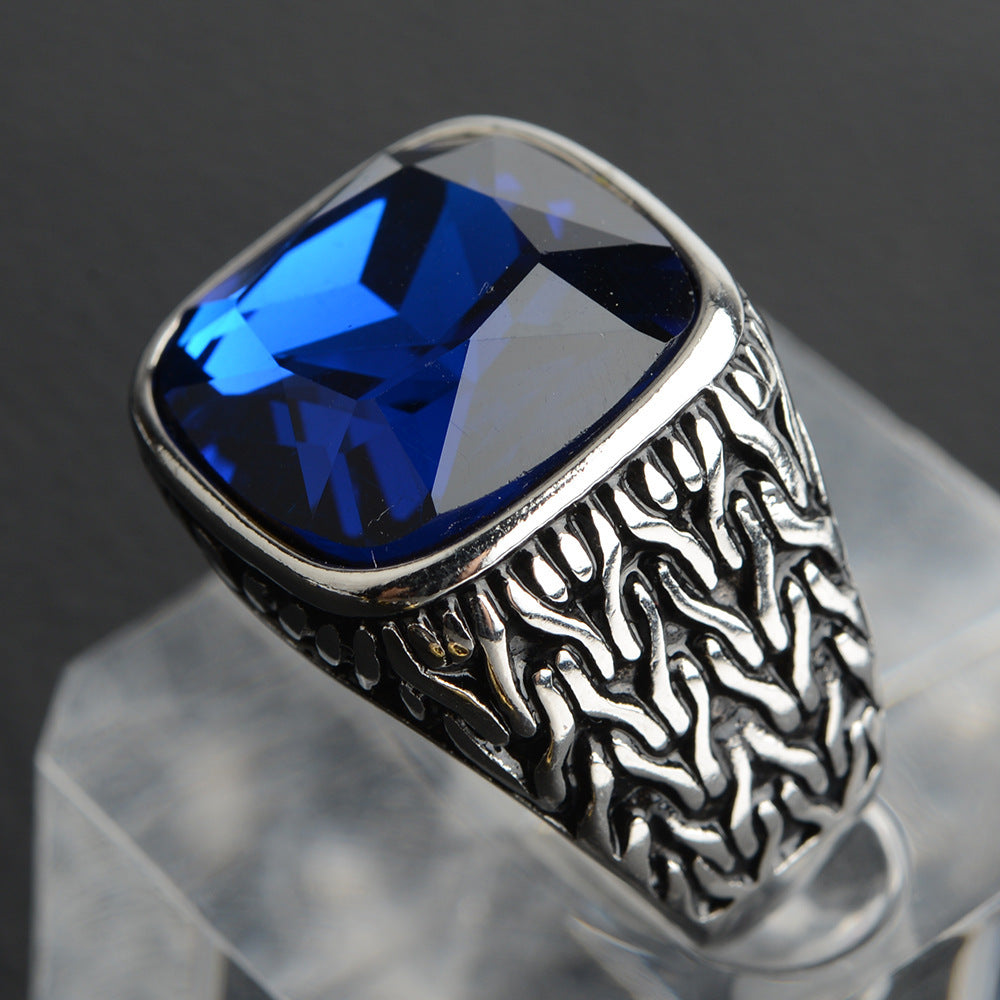 Mens Stainless Steel Ring With Artificial Gemstone Square Inlay Geometric Design For Himself Sizes 7 8 9 10 11