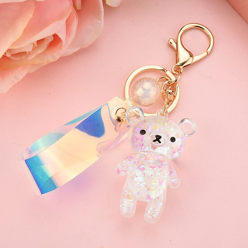 Oil Filled Bear Keychain Cute Animal Keyring Acrylic Bag Charm for Backpacks Purses Colorful Pendant Accessory