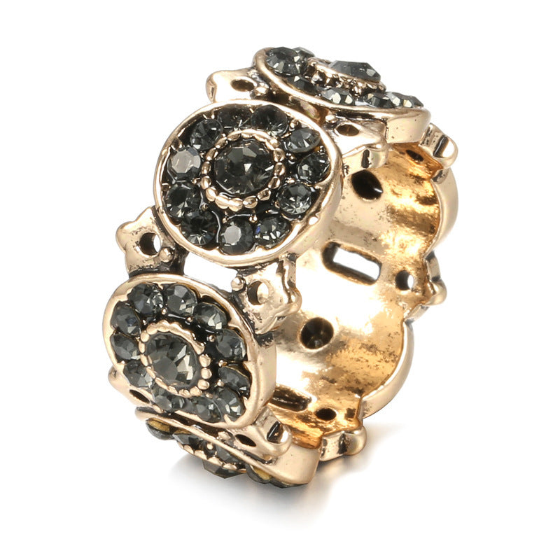 Womens Bohemian Geometric Ring In Antique Gold Plated Alloy With Inlaid Gemstones Vintage Electroplated Sparkle Finish