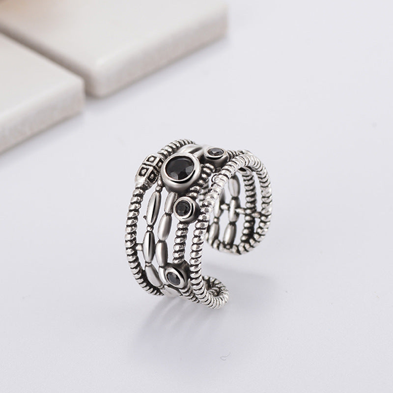 Unisex Adjustable Copper Ring With Gem Inlay And Hemp Rope Twist Geometric Multilayer Thai Silver Finish Gloss