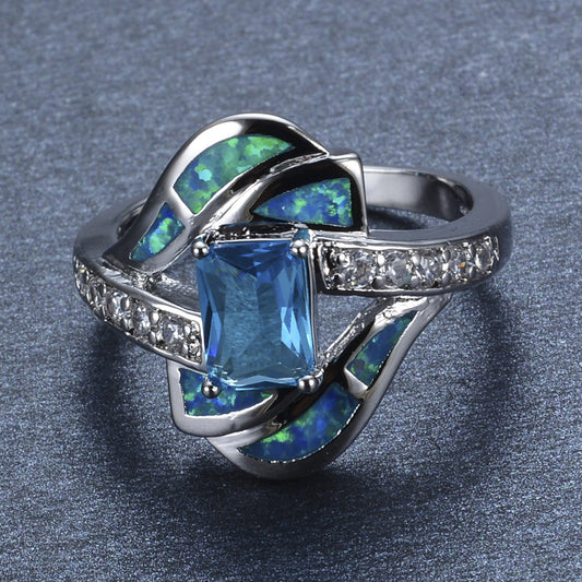 Womens Blue Opal Ring With Diamond Inlay Wedding Band Geometric Alloy Ring European Design Artificial Gem For Wedding