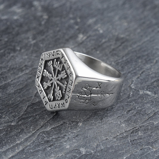 Unisex Stainless Steel Hexagon Viking Compass Ring Style