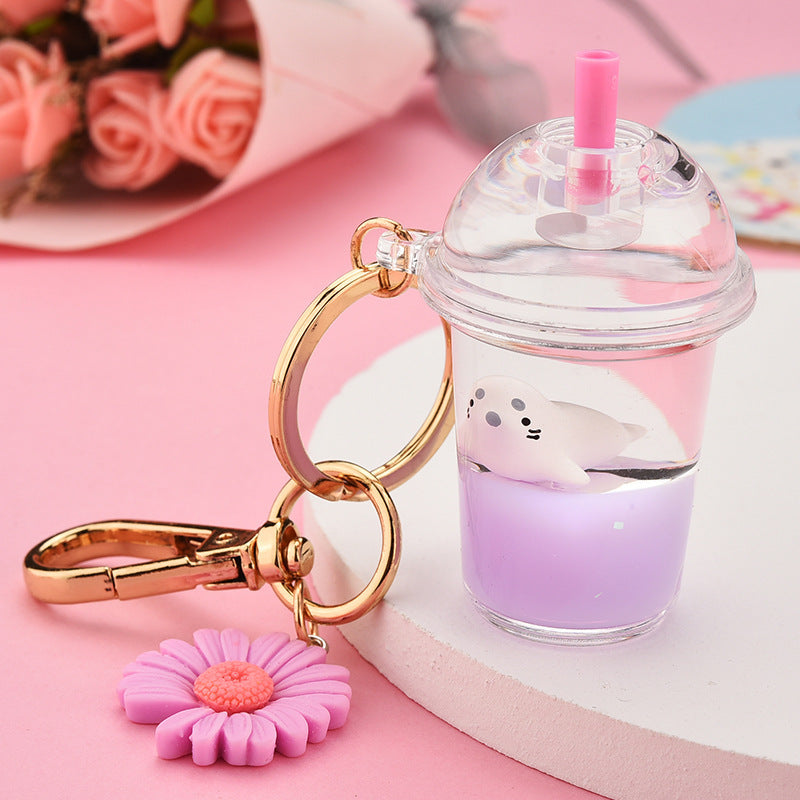 Milk Tea Cup Keychain With Cute Cartoon Animal Pendant Electroplated Charm Light Blue Lemon Yellow Pink Acrylic