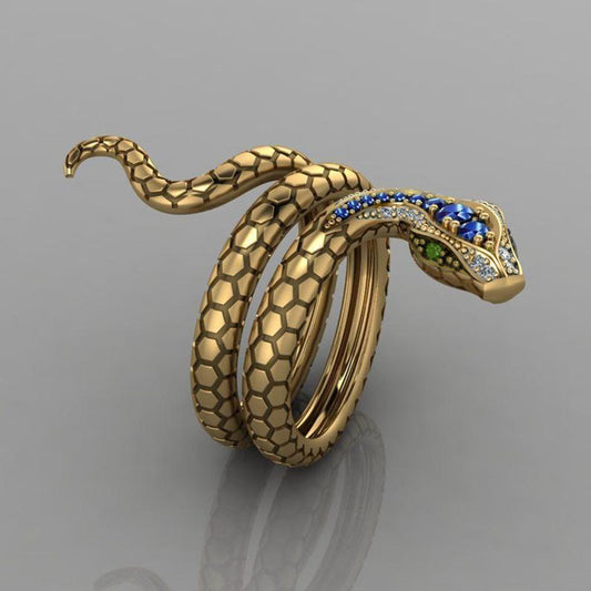 Unisex Snake Ring Inlaid Royal Blue Zircon Gold Plated Copper Animal Fashion Jewelry Durable Statement For Women Men
