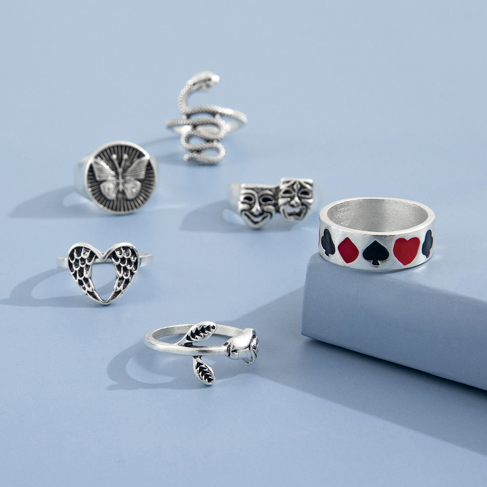 Heart Ring Set For Women Alloy Jewelry Dripping Glaze Design 6 Piece Set Fashion Rings Retro Trendy Design Set
