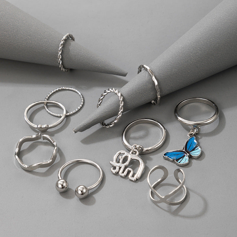 Electroplated Alloy Rings Set Geometrics Unisex Jewelry For Everyday Wear Retro Ethnic Silver Rings Ten Pieces