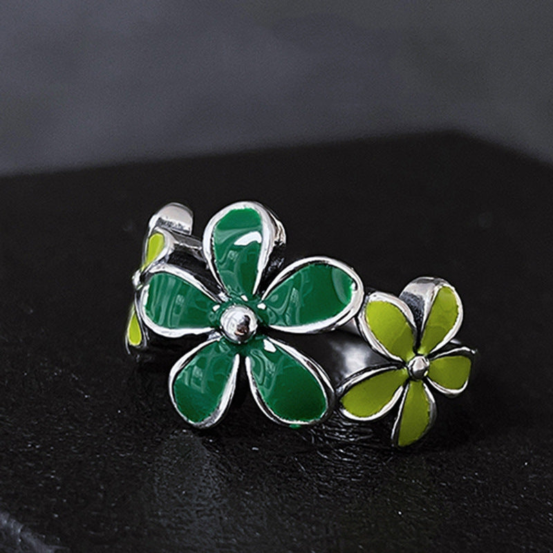 Enamel Green Flower Ring Adjustable Copper Jewelry Gift