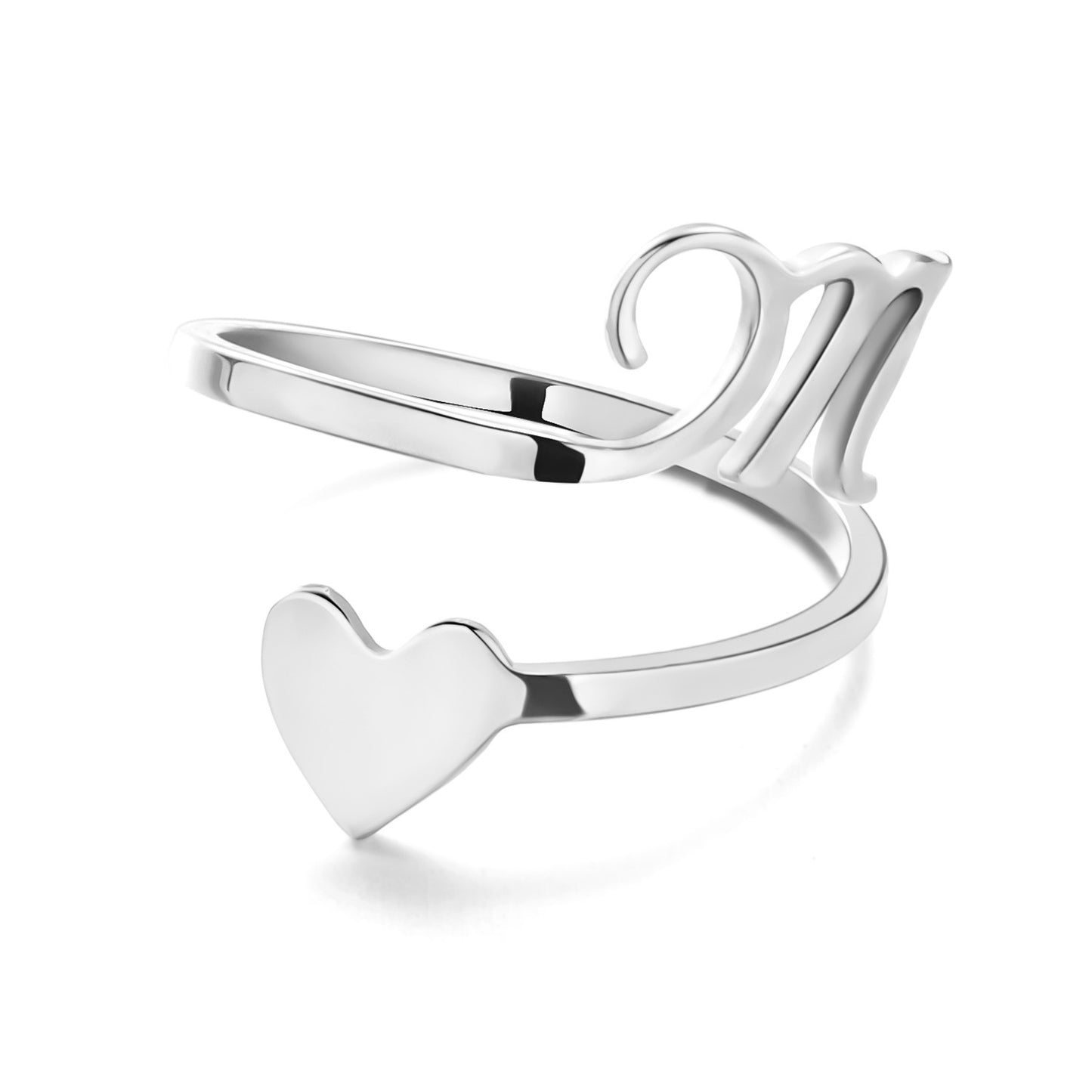 Womens Initial Letter Ring Adjustable Stainless Steel Heart Design 3D Open Heart Electroplated Fashionable Chic