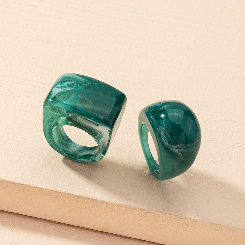 Unisex Acrylic Ring Set Bold Resin Jewelry Exaggerated Drop Shape Rings Haze Blue And Emerald Green Statement Accessory