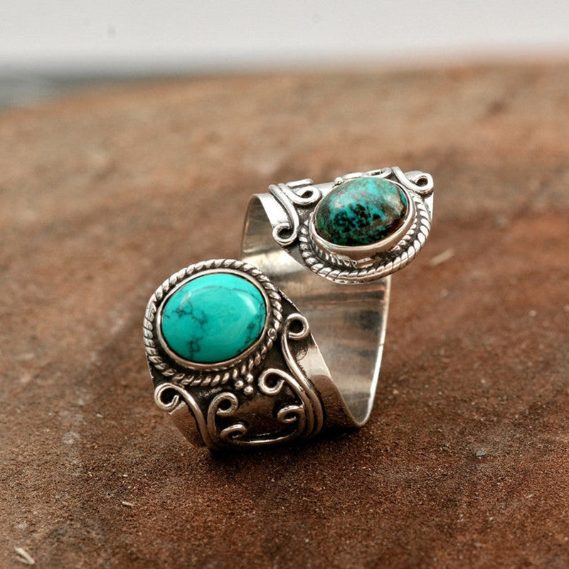 Unisex Punk Ring Adjustable Alloy Silver Turquoise Retro Flower Carved Ring Fashion Jewelry Gift For Daily Use