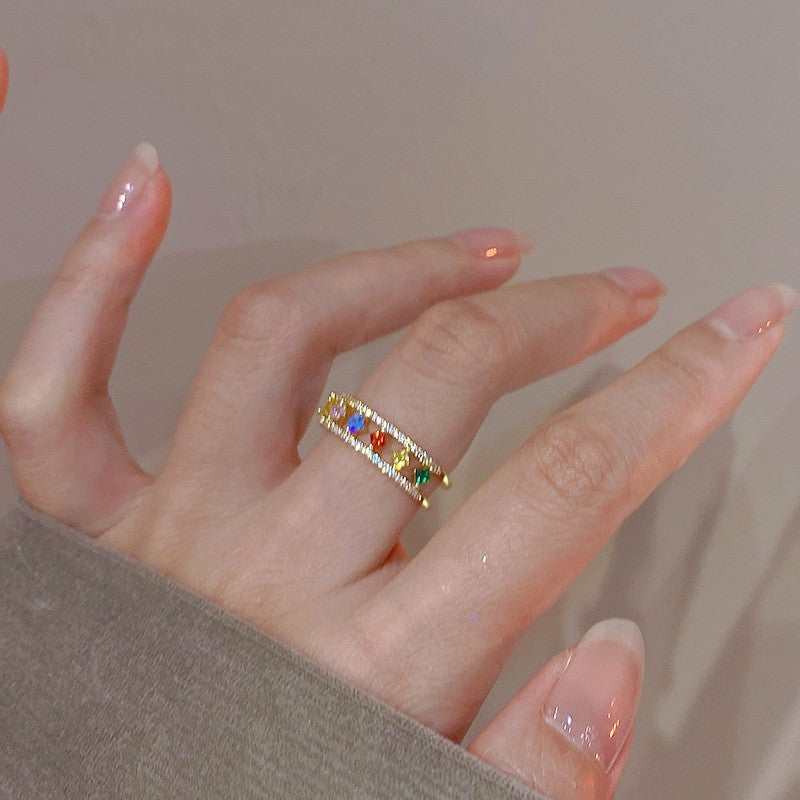 Small Gold Ring with Geometric Pattern and Colored Gemstone Luxurious Brass Ring Size 7 Fashion Jewelry Gift Ring for Women and Girls