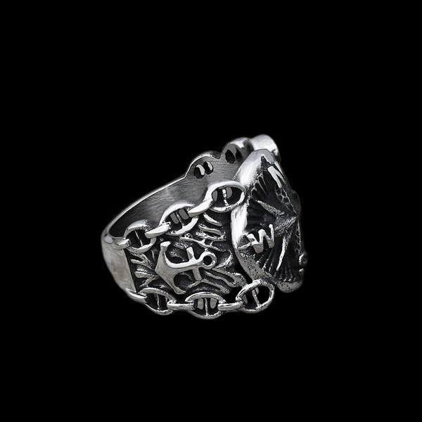 Stainless Steel Anchor Ring Boiled Black Polished Compass Ring For Men And Women Fashion Unisex Everyday Wear Style