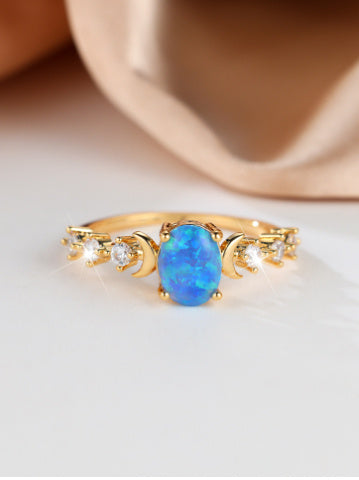 Retro Oval Opal Copper Ring With Geometrical Diamond Studded Design For Women Moon Electroplated Copper Finish