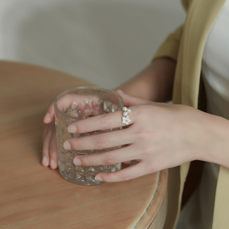 Womens Freshwater Pearl Flower Ring Gold Plated Copper Adjustable Band Elegant Jewelry Everyday Style Gift Now