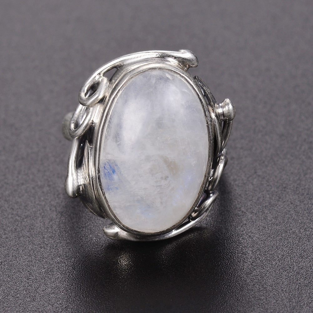 Moonstone Ring Vintage Wide Face Court Style Patterned Copper Electroplated Elegant Statement Jewelry Pure Glow