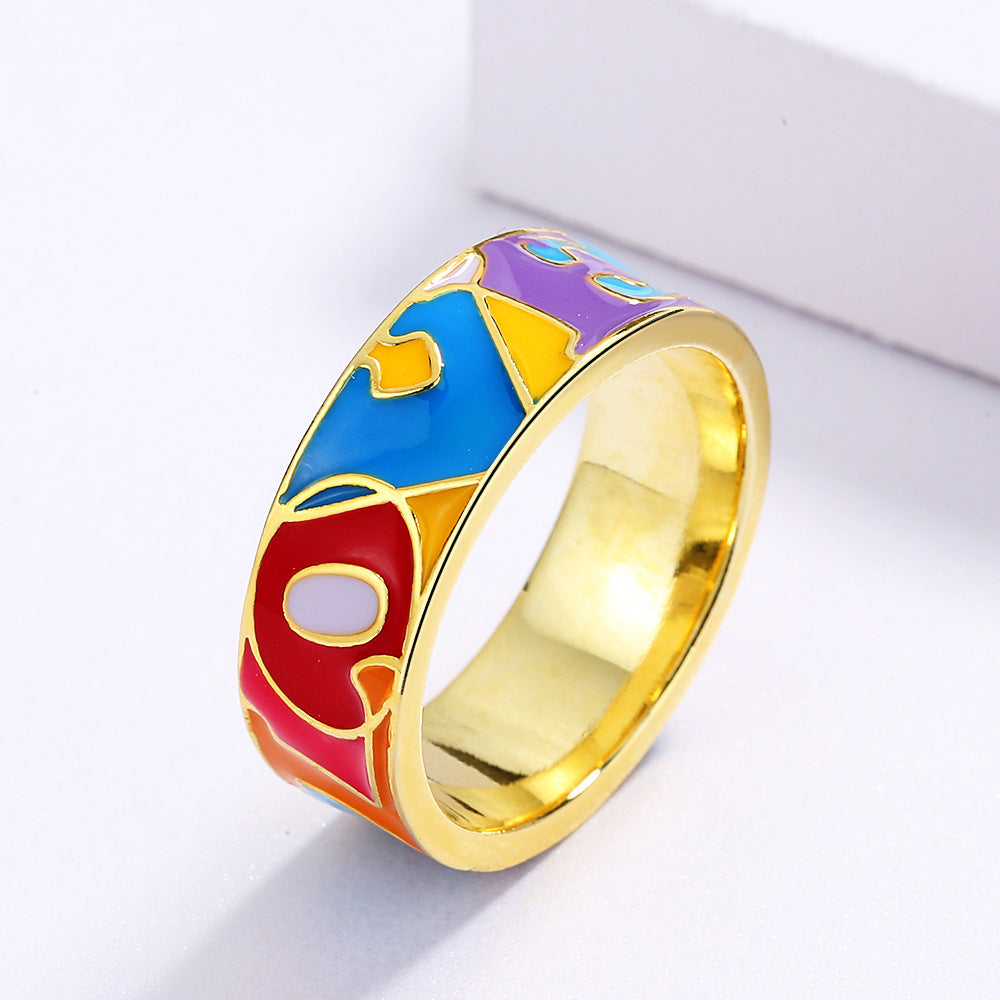 Gold Plated Brass Ring With Epoxy Colored Letters Geometric Design Durable Fashion Jewelry Accessory In Sizes 6 7 8 9 10 Everyday Wear