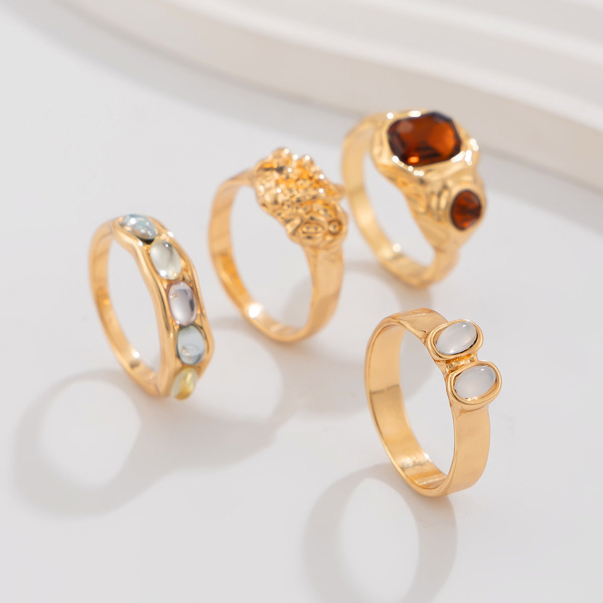 Trendy Geometric Ring Set for Women Four Stackable Alloy Electroplated Rings in Light Gold and White for Everyday Wear
