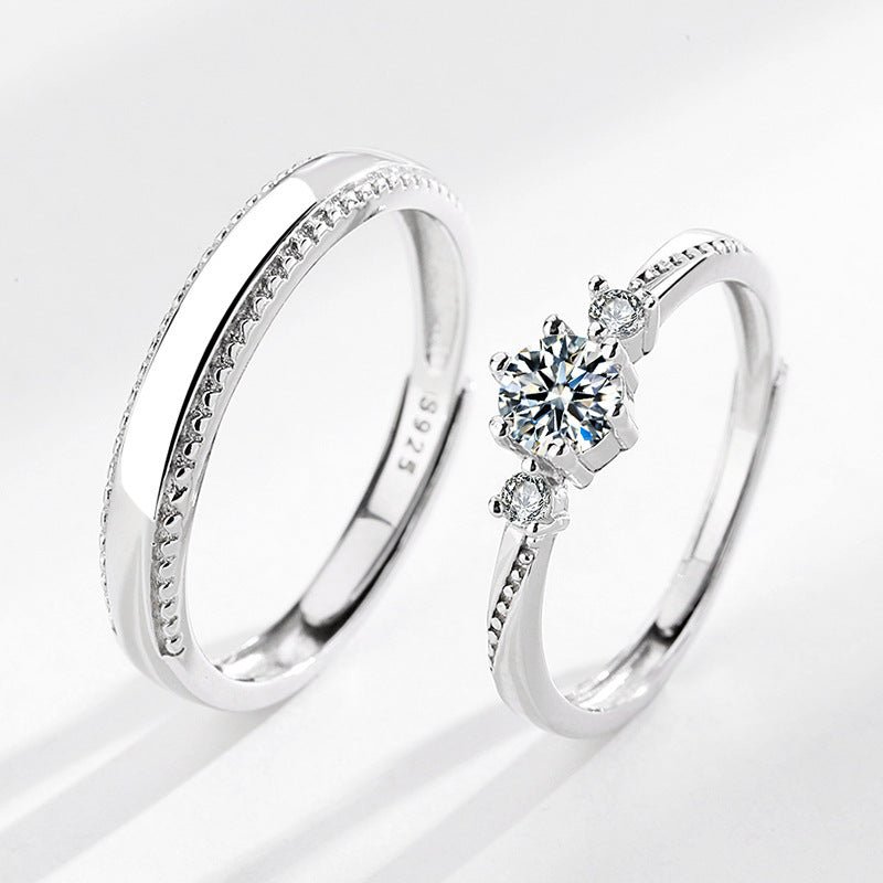Couple Rings Set Diamond Accent Matching Bands For Him And Her Adjustable 925 Silver Promise Rings Wedding Engagement