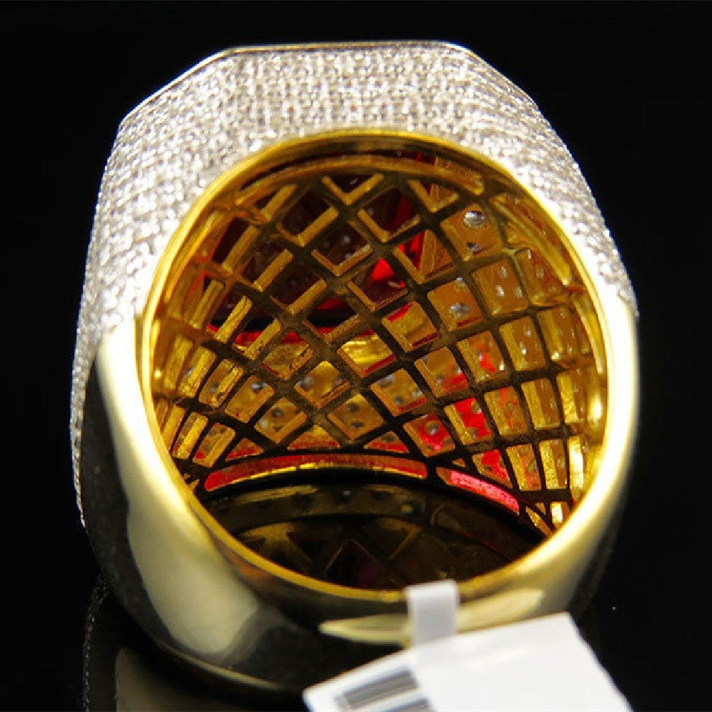Mens Hip Hop Ring Red Corundum Zircon Inlaid Geometric Copper Gold Tone Square Jewelry Durable Everyday Styles