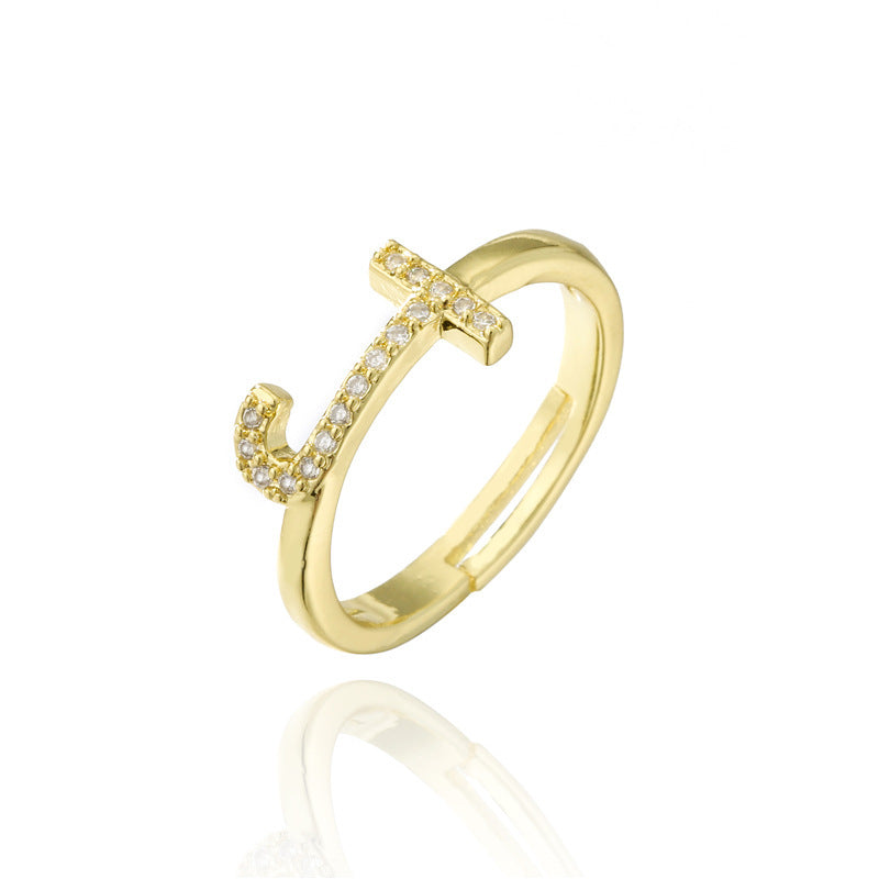 Adjustable Letter Ring Zircon Inlay Copper Jewelry