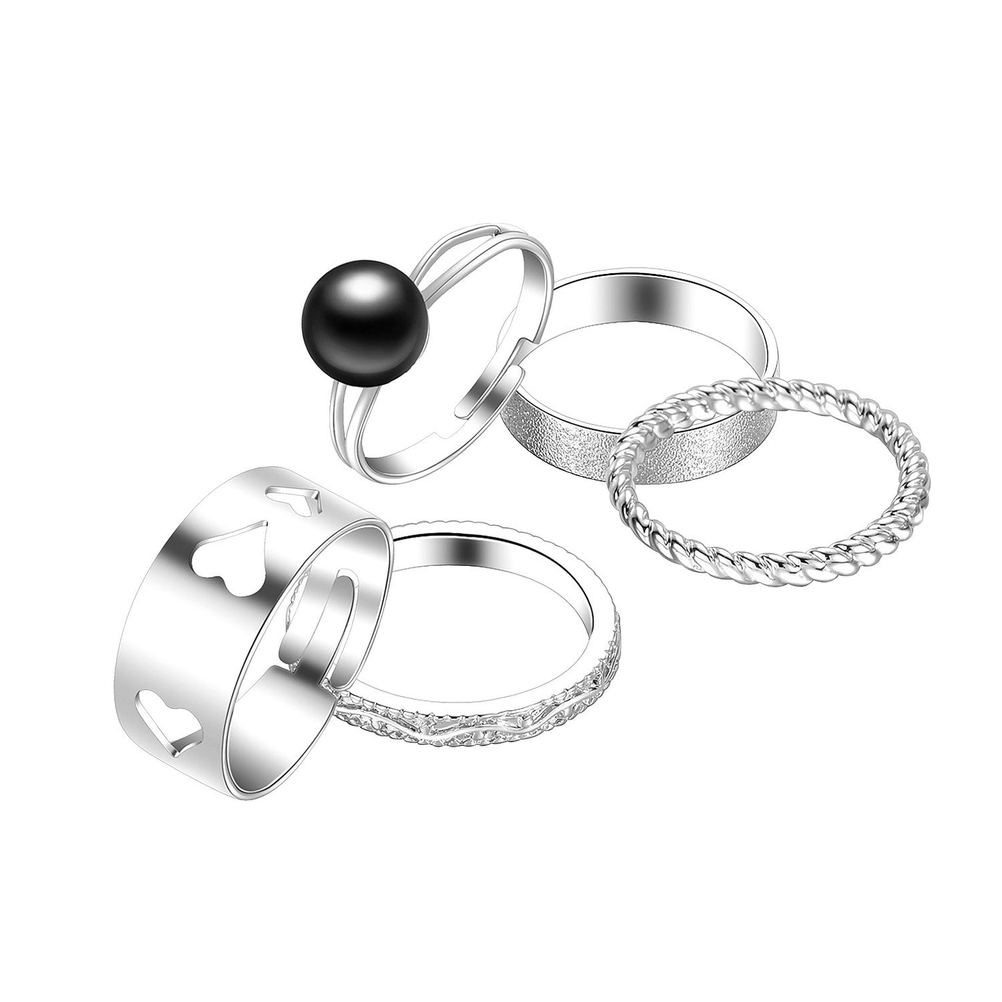 Womens Hollow Heart Ring Set Silver Tone Geometric Design Stackable Alloy Rings Chic Everyday Accessory Timely