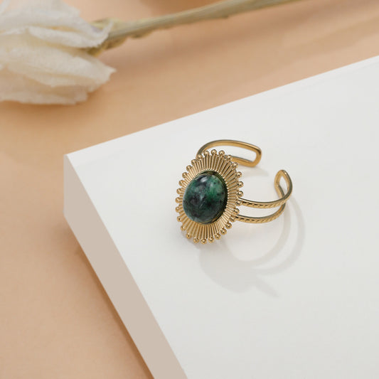 Unisex Stainless Steel Ring with Black Stone and Green Stone Adjustable Opening Geometric Retro Ring for Men and Women Titanium Steel Band